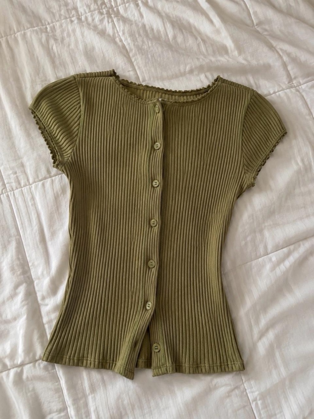 Free People Olive Ribbed Button-Front Short Sleeve Top